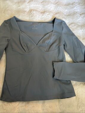 Seam Detail Long Sleeve Scoop Neck Top - Slate Blue